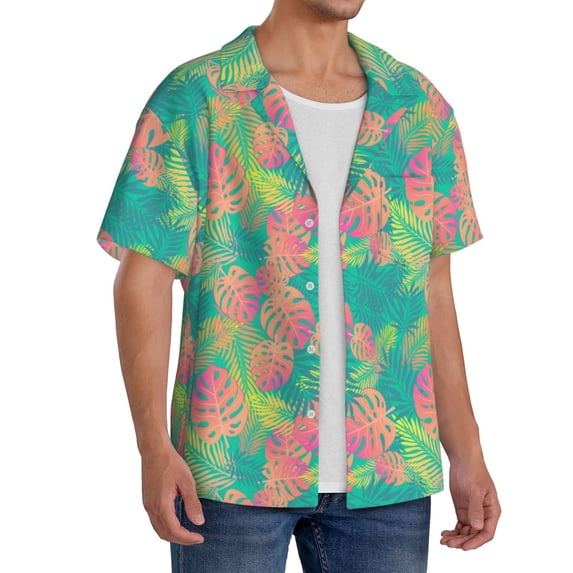 Picia Colorful Palm Leaves Men's Linen Shirts Short Sleeve Cuban Beach Shirts Casual Shirts Button Down Shirt for Men Beach Summer Wedding Shirt-Large