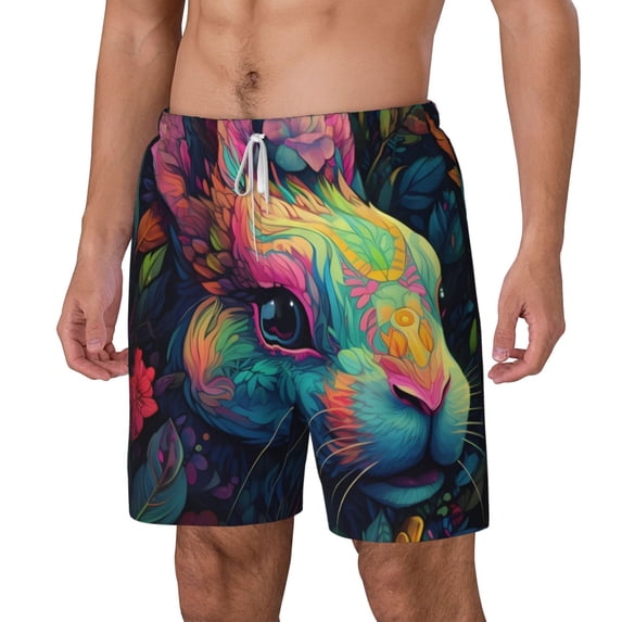Picia Colorful Patterned Rabbit pattern Mens Swim Trunks with Compression Liner Stretch Beach Shorts Quick Dry with Zipper Pockets No-Chafing Board Shorts-XX-Large