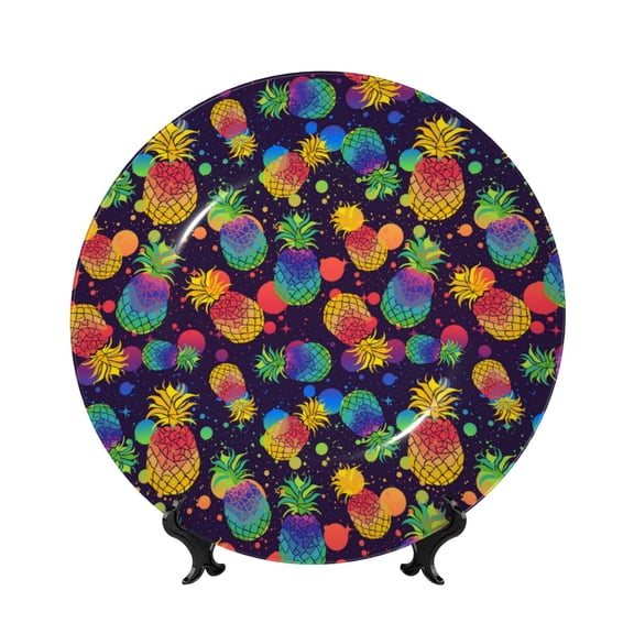 Picia Colorful Pineapples1 Pattern Bone China Decorative Plate – Wall Decor with Stand and Adhesive, Elegant Ornament for Living Room, Office, or Entryway-6in