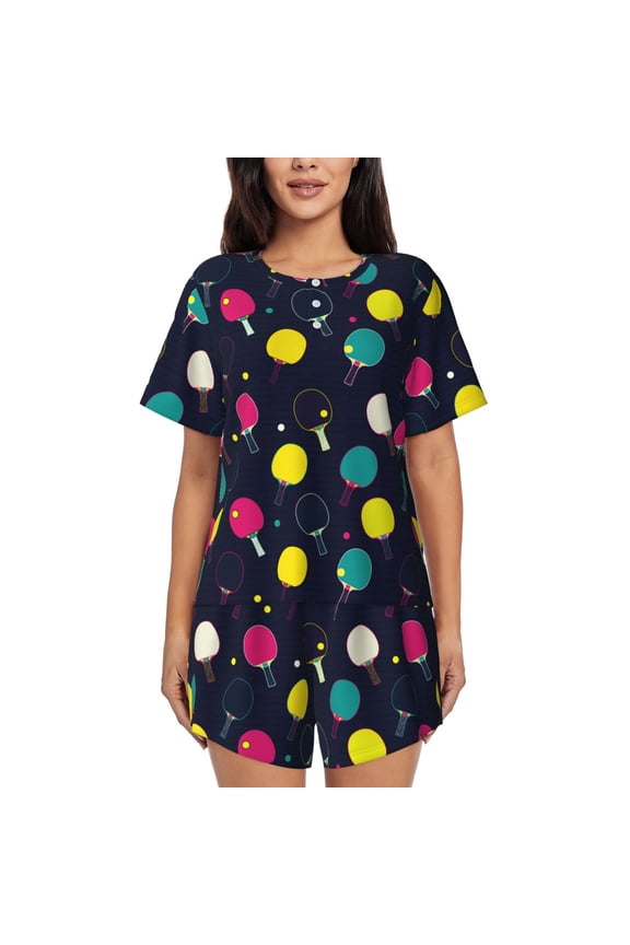 Colorful Ping Pong Rackets Pajamas Sets for Women Soft Short-Sleeved Pjs with Lounge Shorts Two Piece Sleepwear-Medium