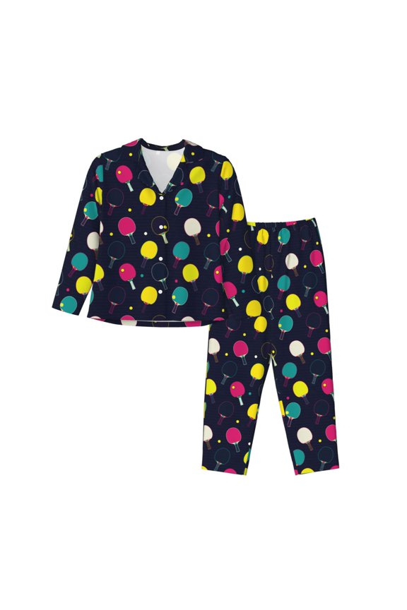 Colorful Ping Pong Rackets Pattern Women’s Long-Sleeve Sleepwear Set - Soft 2-Piece Loungewear with Pockets, Comfy PJs for Relaxing Nights-Large
