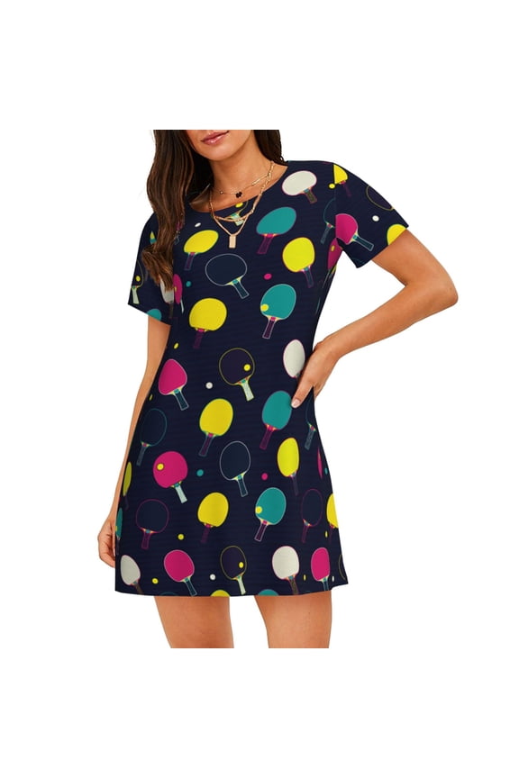 Colorful Ping Pong Rackets Pattern Women’s Nightdress – Casual Short-sleeved Loose-Fit Sleepwear, Soft Cotton Short-Sleeve Sleep Shirt for Relaxation & Comfort