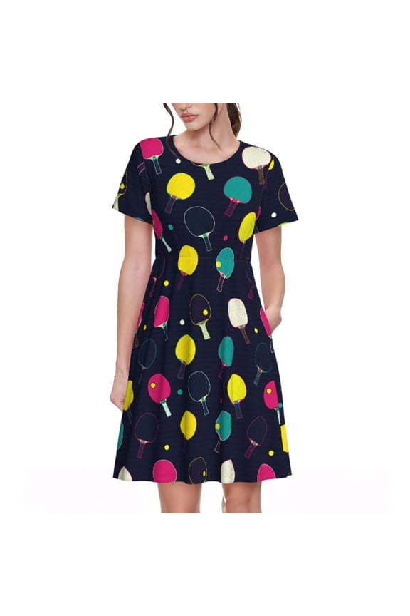 Colorful Ping Pong Rackets Pattern Women's Short Sleeve Summer Dress Pleated Loose Swing Knee Length Short Sleeve Swing Dresses