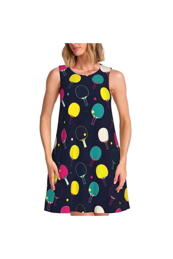 Colorful Ping Pong Rackets Print Women’s Sleeveless Midi Swing Dress – A-Line Pleated Tank Sundress, Comfortable and Flowy T-Shirt Dress