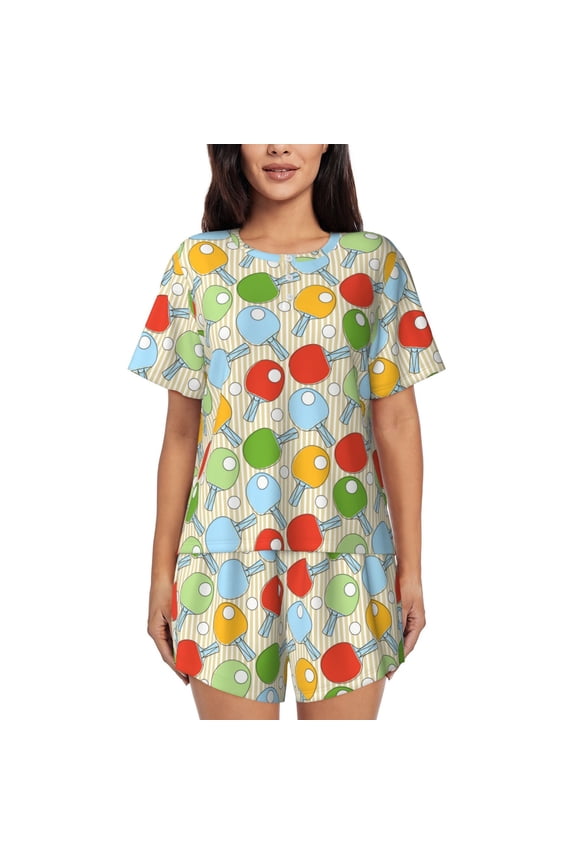 Colorful Ping Pong Rackets1 Pajamas Sets for Women Soft Short-Sleeved Pjs with Lounge Shorts Two Piece Sleepwear-Medium
