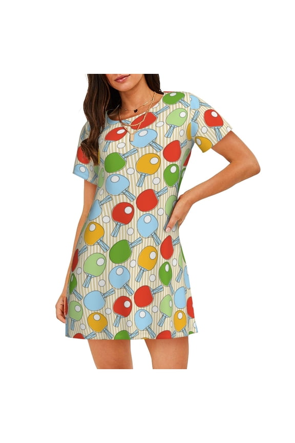 Colorful Ping Pong Rackets1 Pattern Women’s Nightdress – Casual Short-sleeved Loose-Fit Sleepwear, Soft Cotton Short-Sleeve Sleep Shirt for Relaxation & Comfort
