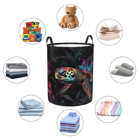 Picia Colorful Plant Turtle A Large Laundry Basket, Waterproof, Freestanding Laundry Hamper, Collapsible Tall Clothes Hamper with Extended Handles-