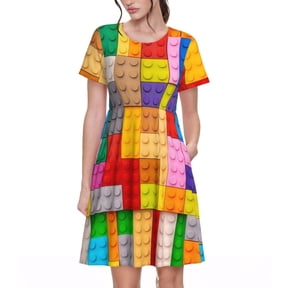 Picia Colorful Plastic Blocks Pattern Pattern Women's Short Sleeve Summer Dress Pleated Loose Swing Knee Length Short Sleeve Swing Dresses