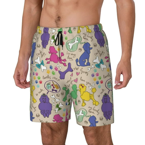 Picia Colorful Poodle Dog pattern Mens Swim Trunks with Compression Liner Stretch Beach Shorts Quick Dry with Zipper Pockets No-Chafing Board Shorts-X-Large