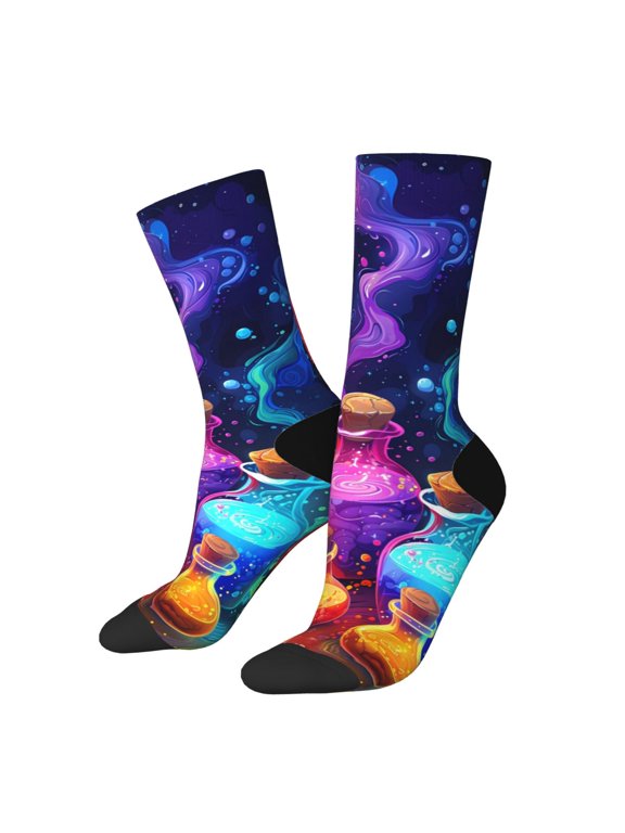 Colorful Potion Bottles Magic Print Athletic Socks for Men & Women – Cushioned Moisture-Wicking Crew Socks for Sports, Running, and Training, Soft & Breathable Size 5-11