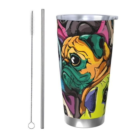 Picia Colorful Pug Pattern 20 oz Tumbler Stainless Steel Vacuum Insulated Coffee Ice Cup Double Wall Travel Flask Dual Lid Water Bottle, Eco-friendly Car Cup