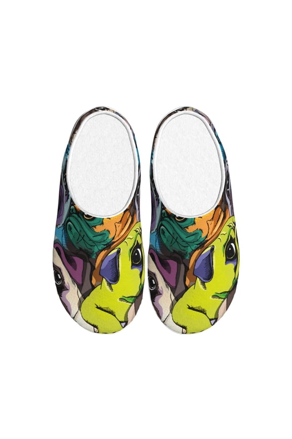 Colorful Pug for Women's Lamb-hug Comfy Fleece House Slippers Memory Foam, Slip-on House Shoes Indoor Outdoor-35/36