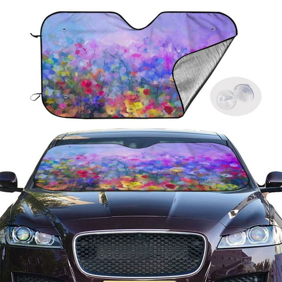 Picia Colorful Purple Cosmos Flower Curved Windshield Sunshade Accordion Folding Style Auto Shade for Car Truck SUV Van Blocks UV Ray Sun Visor Protector -Small