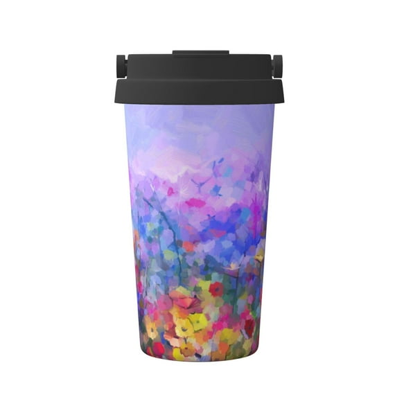Picia Colorful Purple Cosmos Flower Pattern 500ml Carry Insulated Coffee Mug, Stainless Steel Travel Mug with Hidden Handle, Leak-Proof for Car, Office, Home, and Outdoor Use