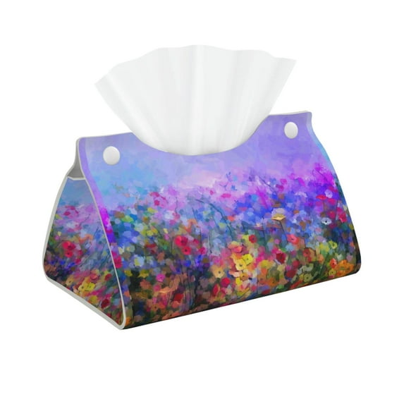 Picia Colorful Purple Cosmos Flower Pattern Long Tissue Box Cover,PVC Leather Triangle Holder,Tissue Box Holder with Magnetic Bottom,Facial Paper Organizer Dispenser-7.9"X4.9"X4.5"