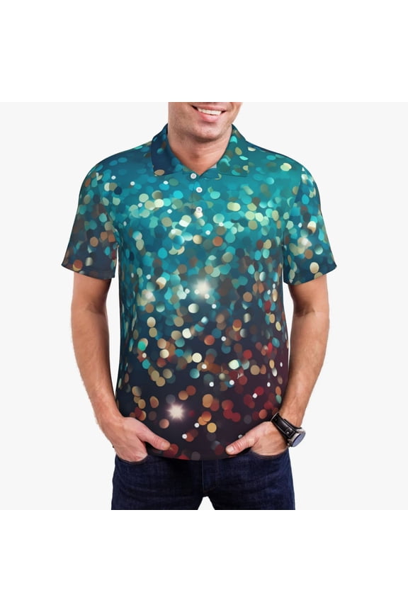 Colorful Rainbow Glitter Print Men's Polo Shirt, Two-Button Closure Pique Polo Shirt, Summer Fashion Golf Shirt-Large