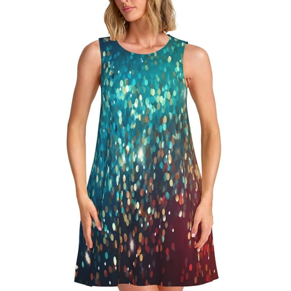 Picia Colorful Rainbow Glitter Print Women’s Sleeveless Midi Swing Dress – A-Line Pleated Tank Sundress, Comfortable and Flowy T-Shirt Dress
