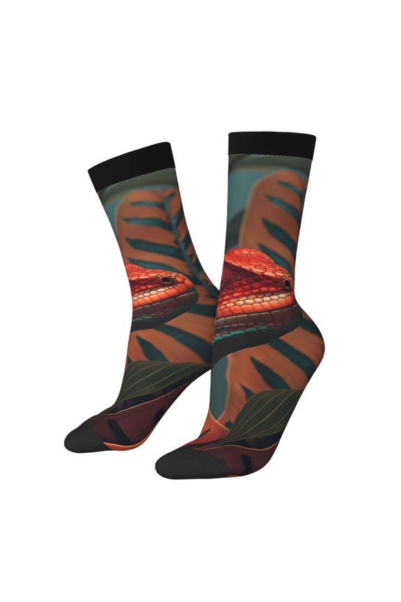 Colorful Reptile And Leaves Print Athletic Socks for Men & Women – Cushioned Moisture-Wicking Crew Socks for Sports, Running, and Training, Soft & Breathable Size 5-11