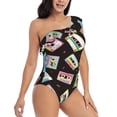 thumbnail image 1 of Picia Colorful Retro Tape Pattern Women's One Piece Swimsuits,One Shoulder Swimwear Asymmetric ,Ruffle Monokinis Bathing Suits,High Waisted Flattering Bathing Suits-Small, 1 of 8