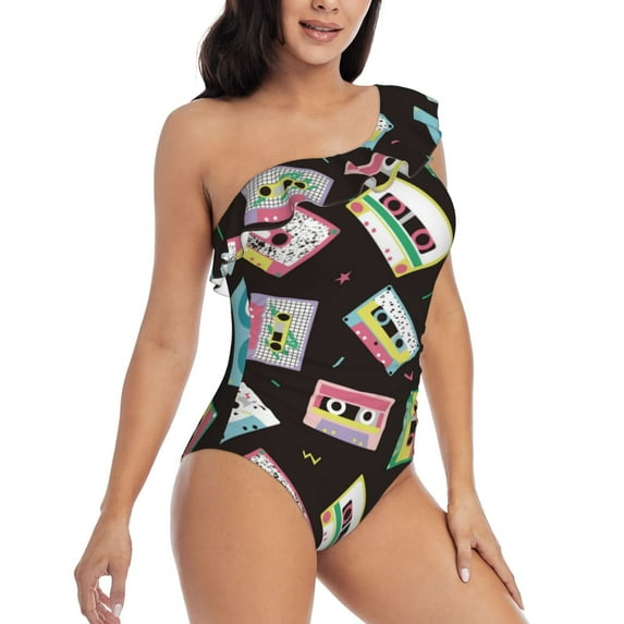 Picia Colorful Retro Tape Pattern Women's One Piece Swimsuits,One Shoulder Swimwear Asymmetric ,Ruffle Monokinis Bathing Suits,High Waisted Flattering Bathing Suits-Small