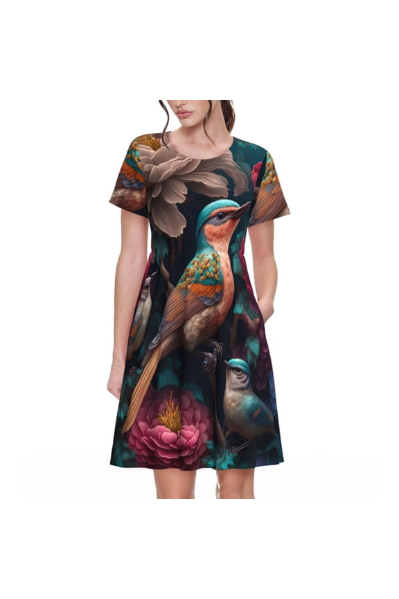 Colorful Rose Bird Pattern Women's Short Sleeve Summer Dress Pleated Loose Swing Knee Length Short Sleeve Swing Dresses