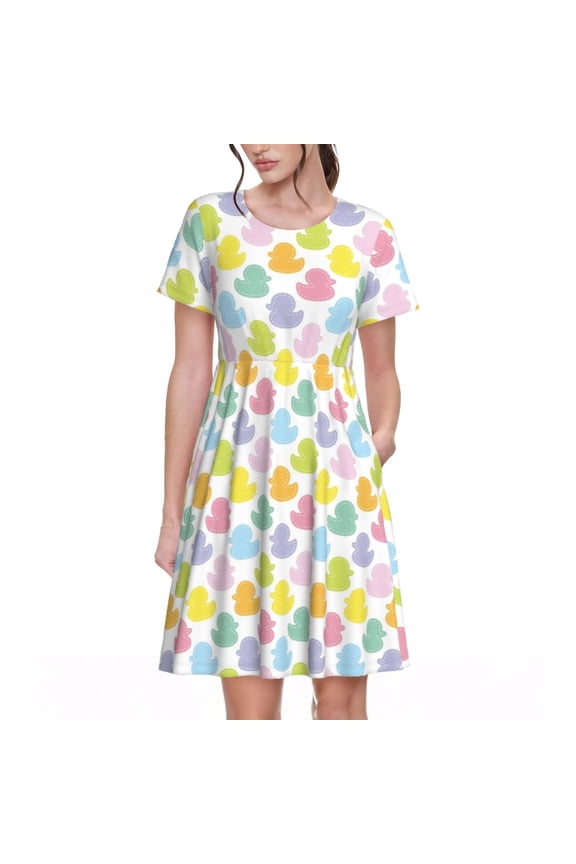 Colorful Rubber Duck Pattern Women's Short Sleeve Summer Dress Pleated Loose Swing Knee Length Short Sleeve Swing Dresses