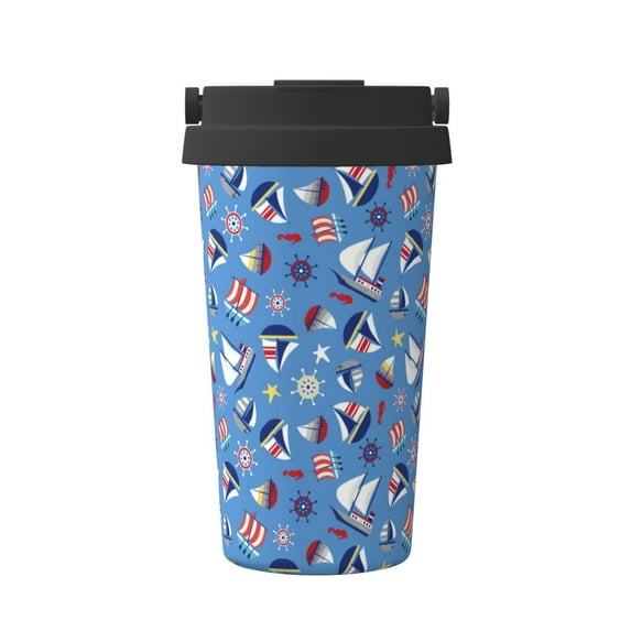 Picia Colorful Sailing Ship Pattern 500ml Carry Insulated Coffee Mug, Stainless Steel Travel Mug with Hidden Handle, Leak-Proof for Car, Office, Home, and Outdoor Use