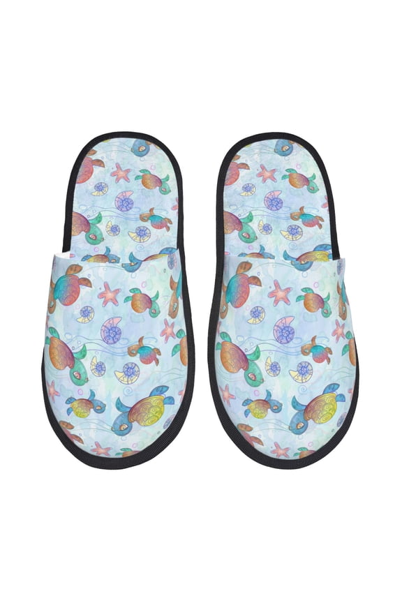 Colorful Sea Turtle Print Women's Fuzzy Fluffy House Slippers Plush Memory Foam Shoes Indoor Outdoor-Large