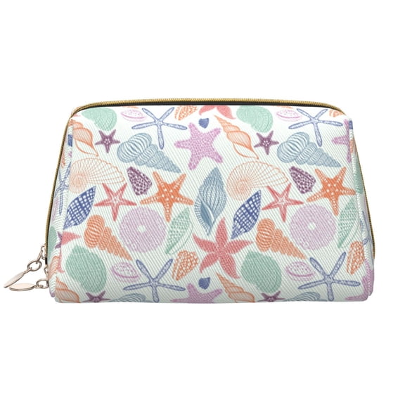 Picia Colorful Seashells Print Leather Makeup Bag Make Up Bag Travel Toiletry Bag for Her Girlfriend Teacher Teen Girl Gifts