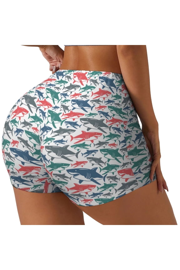 Colorful Shark Printed Workout Shorts for Women Seamless Scrunch Butt Lifting High Waisted Yoga Gym Booty Running Moisture-wicking Short Pants-Small
