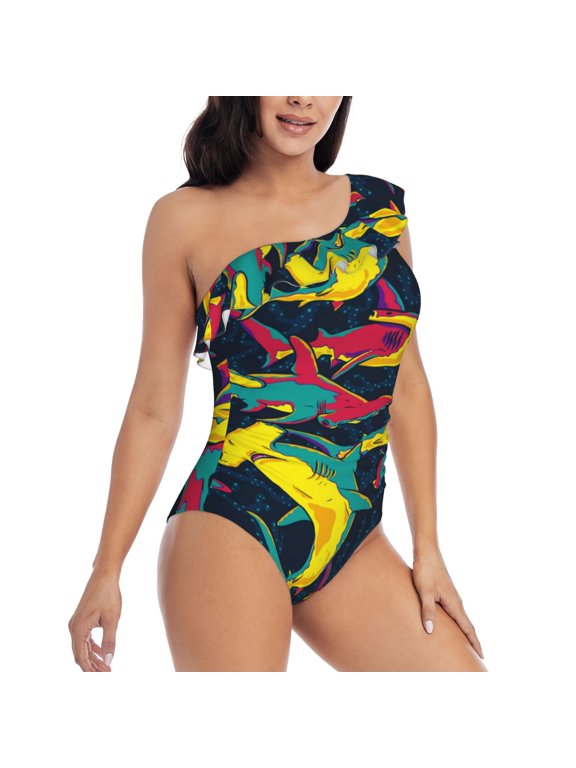 Colorful Sharks Pattern Women's One Piece Swimsuits,One Shoulder Swimwear Asymmetric ,Ruffle Monokinis Bathing Suits,High Waisted Flattering Bathing Suits-Large