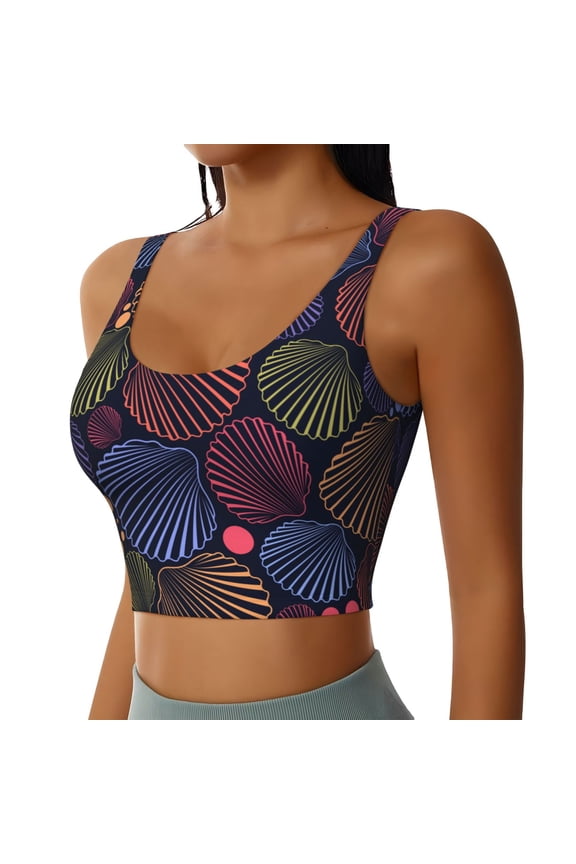 Colorful Shells Sports Bra for Women,Padded Strappy Sports Bras Medium Support Yoga Bra with Removable Cups,Running Yoga Bra-X-Large