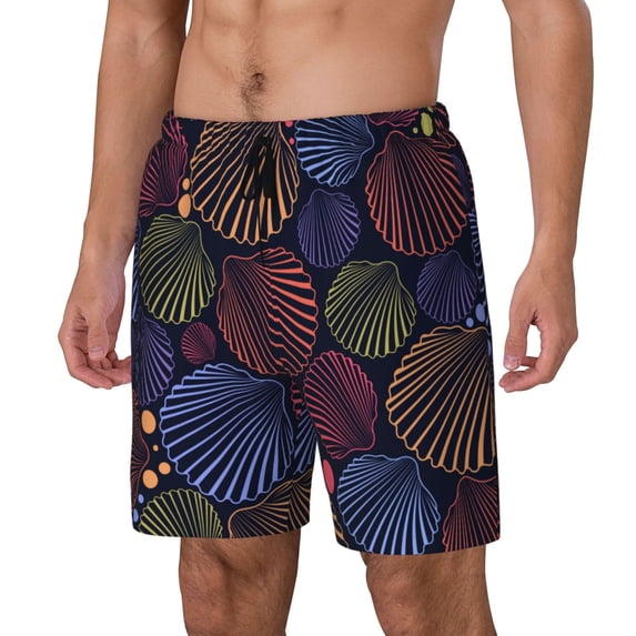 Picia Colorful Shells pattern Mens Swim Trunks with Compression Liner Stretch Beach Shorts Quick Dry with Zipper Pockets No-Chafing Board Shorts-Large