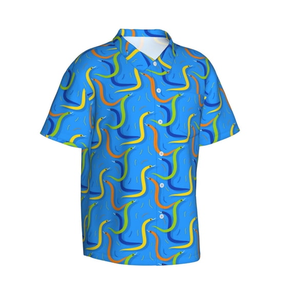 Picia Colorful Snake Gentle Cotton Regular Fit Short Sleeve Casual Hawaiian Shirt for Men-X-Large