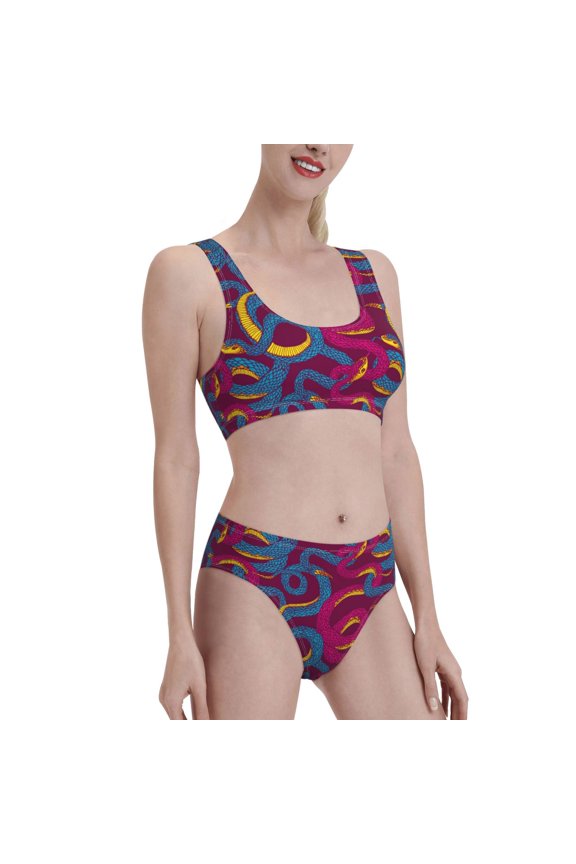 Colorful Snake Women's High Waisted Bikini Scoop Neck Swimsuit Two Pieces Bathing Suit-Medium