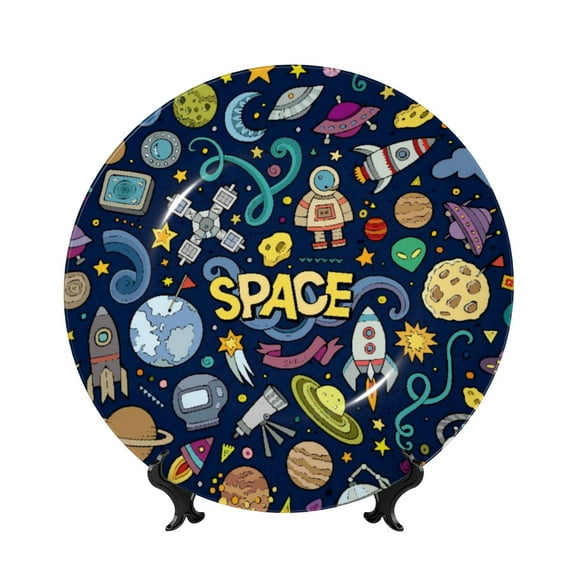 Picia Colorful Space Pattern Bone China Decorative Plate – Wall Decor with Stand and Adhesive, Elegant Ornament for Living Room, Office, or Entryway-7in