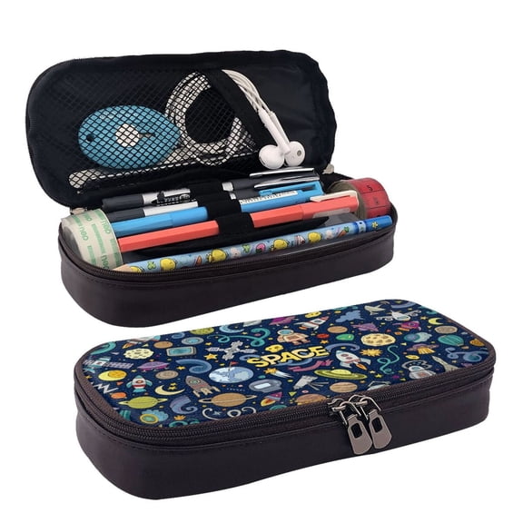Picia Colorful Space Pattern Large Capacity PU Leather Pencil Case Organizer Pen Marker Holder Double Zipper Storage Bag Big Pencil Pouch for College Office