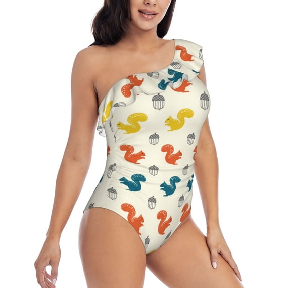 Picia Colorful Squirrel Pattern Women's One Piece Swimsuits,One Shoulder Swimwear Asymmetric ,Ruffle Monokinis Bathing Suits,High Waisted Flattering Bathing Suits-Medium