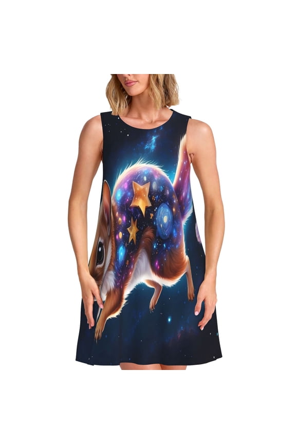Colorful Star River Squirrel Print Women’s Sleeveless Midi Swing Dress – A-Line Pleated Tank Sundress, Comfortable and Flowy T-Shirt Dress