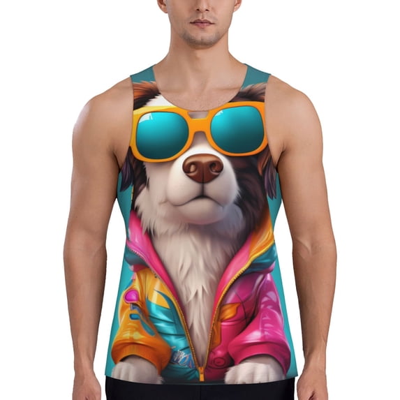 Picia Colorful Sunglasses Dog Printed Men’s Performance Tank, Men's Workout Tank Top Moisture-Wicking Tank Top Muscle tee, Breathable Workout Shirt-Medium
