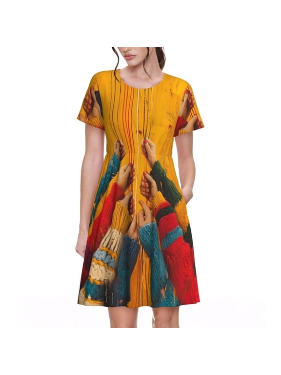 Colorful Sweaters And Strings Pattern Women's Short Sleeve Summer Dress Pleated Loose Swing Knee Length Short Sleeve Swing Dresses