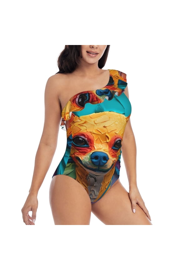 Colorful Textured Chihuahua Pattern Women's One Piece Swimsuits,One Shoulder Swimwear Asymmetric ,Ruffle Monokinis Bathing Suits,High Waisted Flattering Bathing Suits-Small