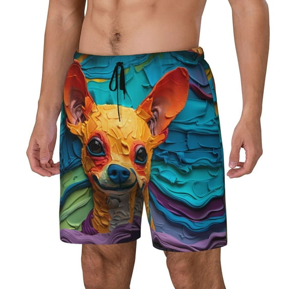 Picia Colorful Textured Chihuahua pattern Mens Swim Trunks with Compression Liner Stretch Beach Shorts Quick Dry with Zipper Pockets No-Chafing Board Shorts-Medium