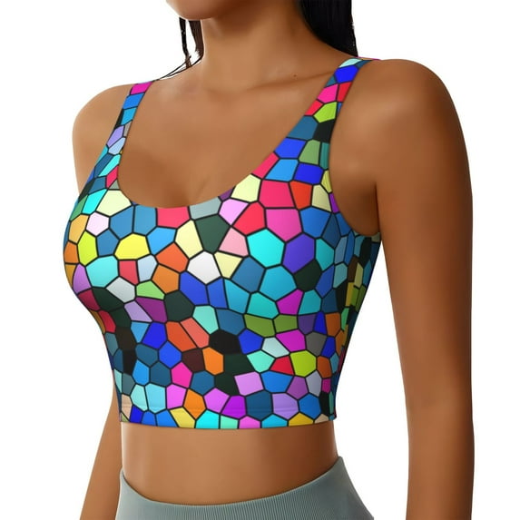 Picia Colorful Tie Dye Stained Glass 2 Sports Bra for Women,Padded Strappy Sports Bras Medium Support Yoga Bra with Removable Cups,Running Yoga Bra-