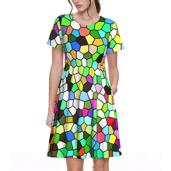 Picia Colorful Tie Dye Stained Glass Pattern Women's Short Sleeve Summer Dress Pleated Loose Swing Knee Length Short Sleeve Swing Dresses