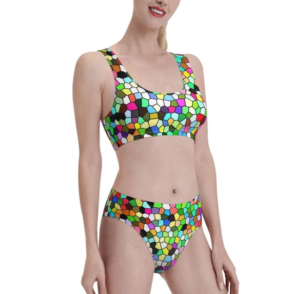 Picia Colorful Tie Dye Stained Glass Women's High Waisted Bikini Scoop Neck Swimsuit Two Pieces Bathing Suit-Small