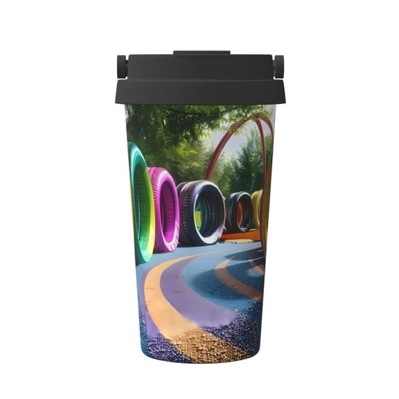 Picia Colorful Tire Tunnel Park Pattern 500ml Carry Insulated Coffee Mug, Stainless Steel Travel Mug with Hidden Handle, Leak-Proof for Car, Office, Home, and Outdoor Use