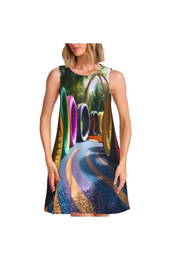 Colorful Tire Tunnel Park Print Women’s Sleeveless Midi Swing Dress – A-Line Pleated Tank Sundress, Comfortable and Flowy T-Shirt Dress
