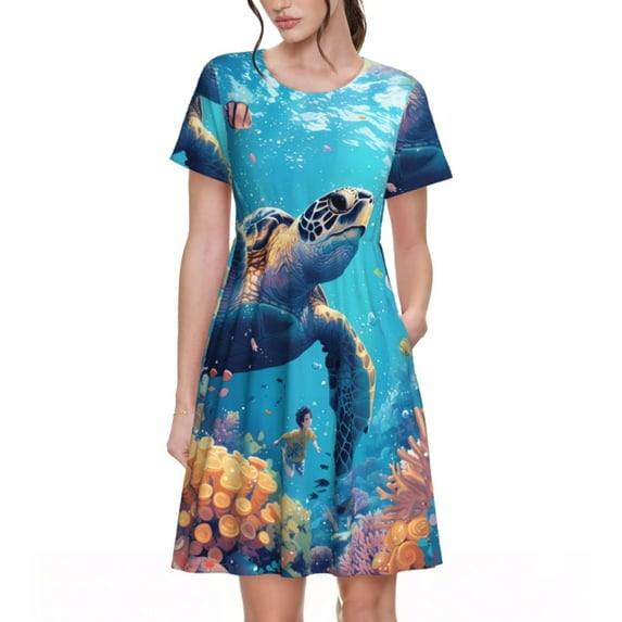 Picia Colorful Underwater Plant Turtle Pattern Women's Short Sleeve Summer Dress Pleated Loose Swing Knee Length Short Sleeve Swing Dresses