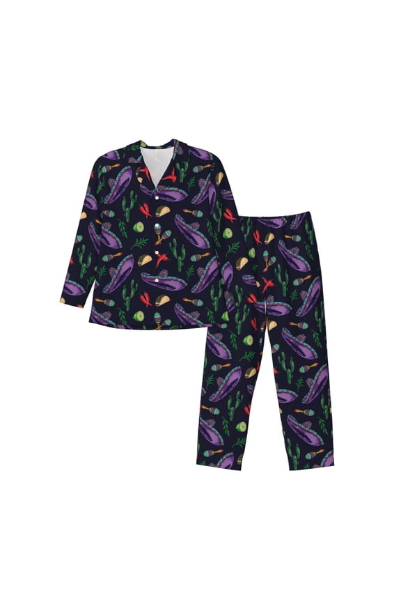Colorful Vintage Cactuses Pattern Men’s Long-Sleeve Sleepwear Set - Soft 2-Piece Loungewear with Pockets, Comfy PJs for Relaxing Nights-Small